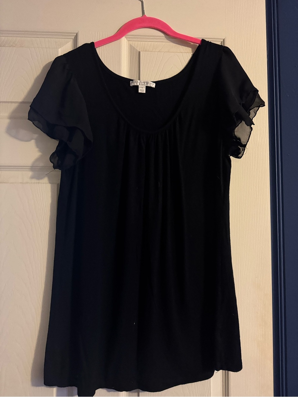 Sarah Spencer Black Short-Sleeve Scoop Neck Top with Ruffle Sleeves
